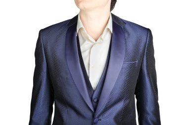close-up dark blue mens blazer wedding clothing, over white