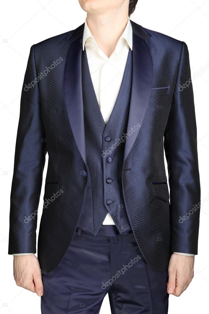 Unfastened navy blue weddings grooms attire, jacket suit, waistcoat