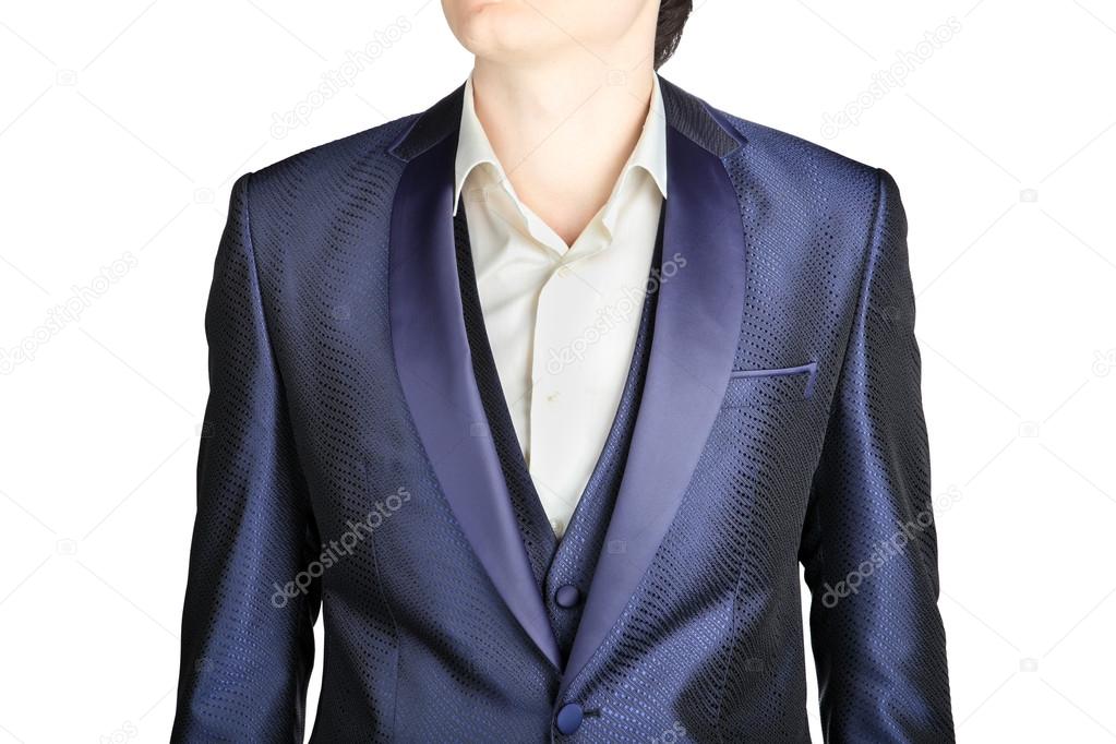 close-up dark blue mens blazer wedding clothing, over white
