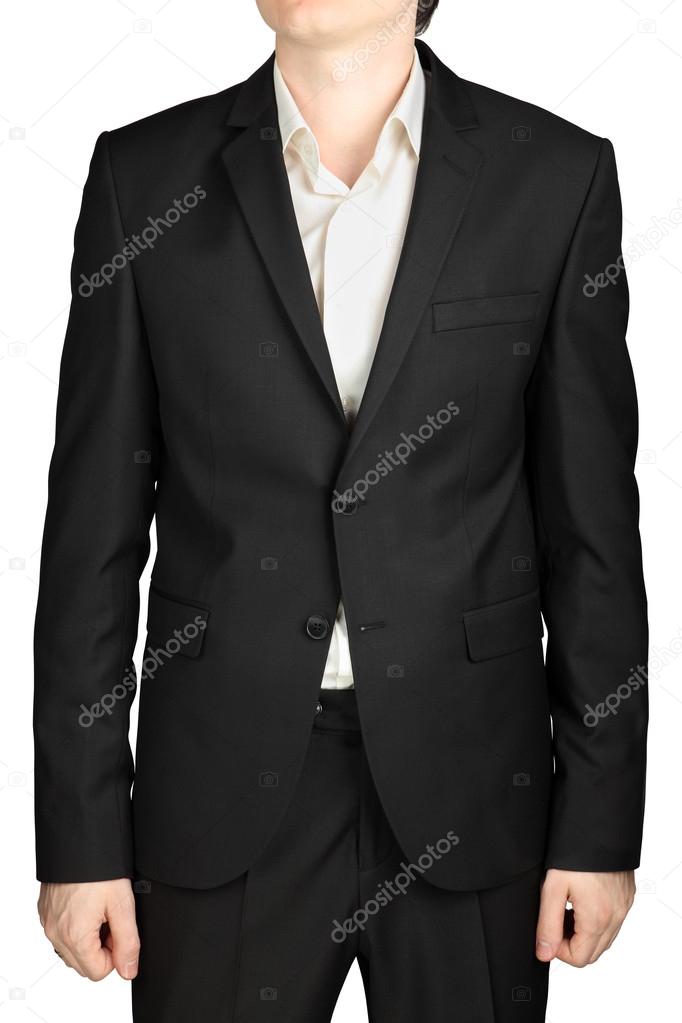 Dark grey mens blazer two buttons, white shirt without tie