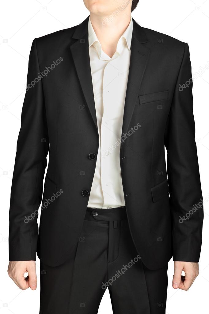 Dark gray evening suit, unfastened blazer, white shirt, no tie.