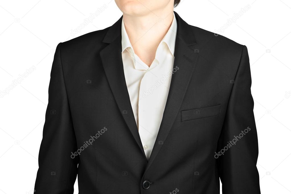 Dark gray mens suit close-up coat with a white shirt