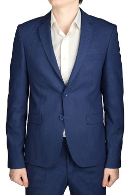 Navy blue in small checkered formal suit coat men, isolated on white.