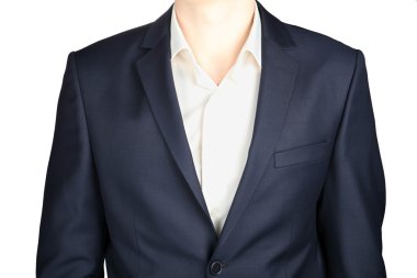 Close-up of a formal dark gray blazer, strict dress, isolated on white.