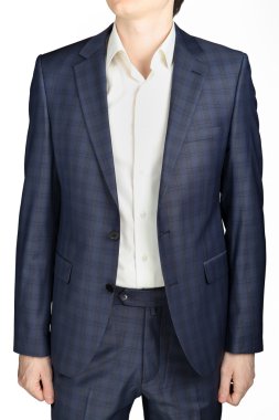 Unfastened blue plaid  coat suit men wedding dress bridegroom, isolated over white.