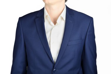 close-up navy blue suit coat for men,   isolated over white 