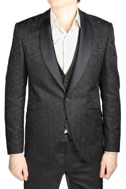 Black patterned wedding bridegroom suit, without tie, isolated over white.
