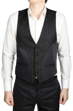 Black patterned vest wedding suit bridegroom isolated on white background.