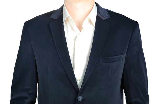 Close-up velvet navy blue suit coat for men, isolated on white. — 스톡 사진