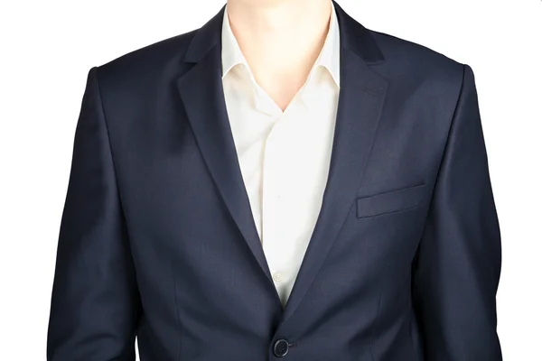 Nahaufnahme eines formalen dunkelgrauen Blazers, strenge Kleidung, isoliert auf Weiß. — Stockfoto