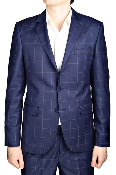 Navy blue suit blazer plaid men wedding dress bridegroom, isolated over white. — Zdjęcie stockowe