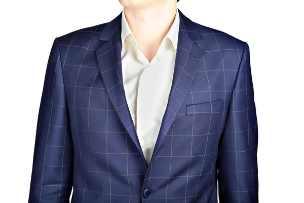 Dark blue checkerboard suit coat, wedding attire groom, over white. — Zdjęcie stockowe