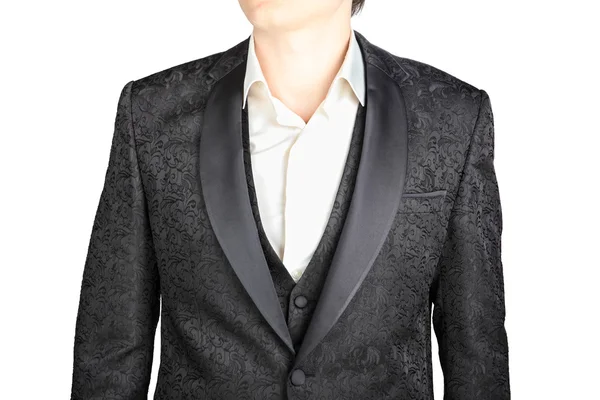 Closeup black pattern wedding suits blazer groom, isolated on on white. — Zdjęcie stockowe