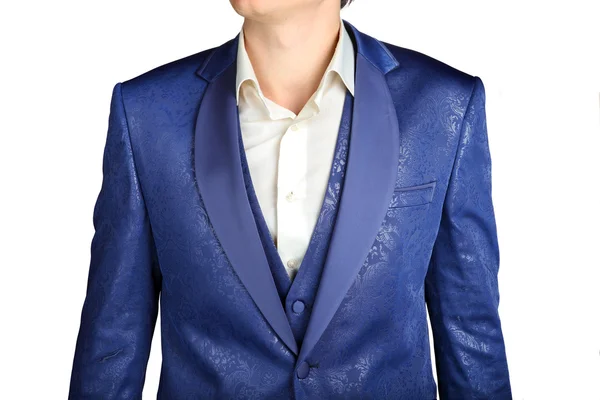 Close-up of suit blazer with blue patterned jacquard fabric — Zdjęcie stockowe