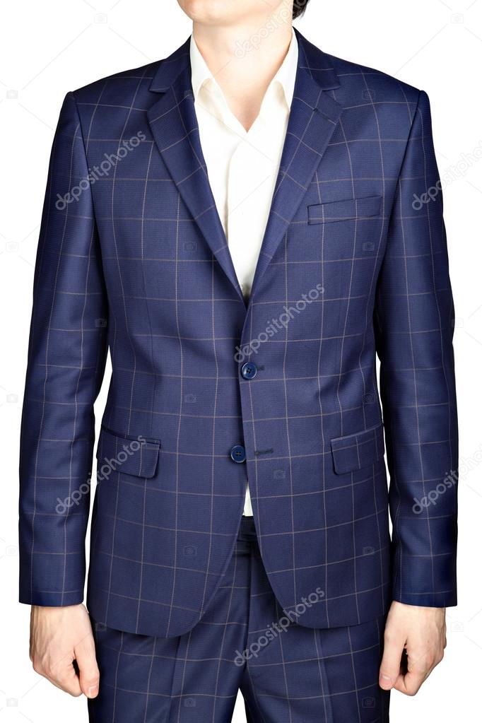 Navy blue suit blazer plaid men wedding dress bridegroom, isolated over white.