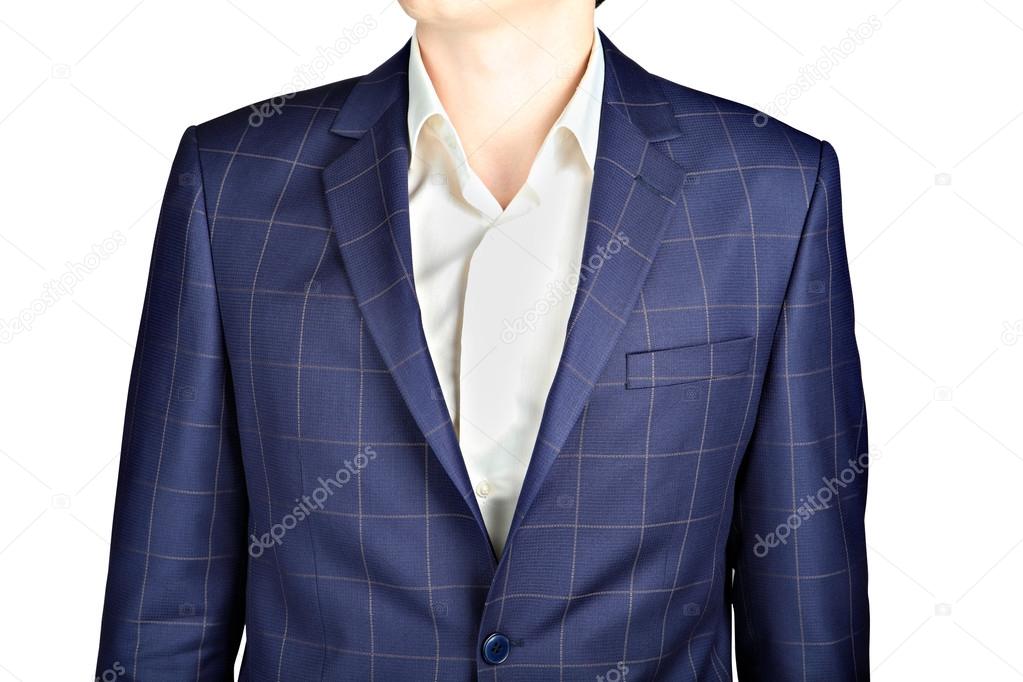 Dark blue checkerboard suit coat, wedding attire groom, over white.