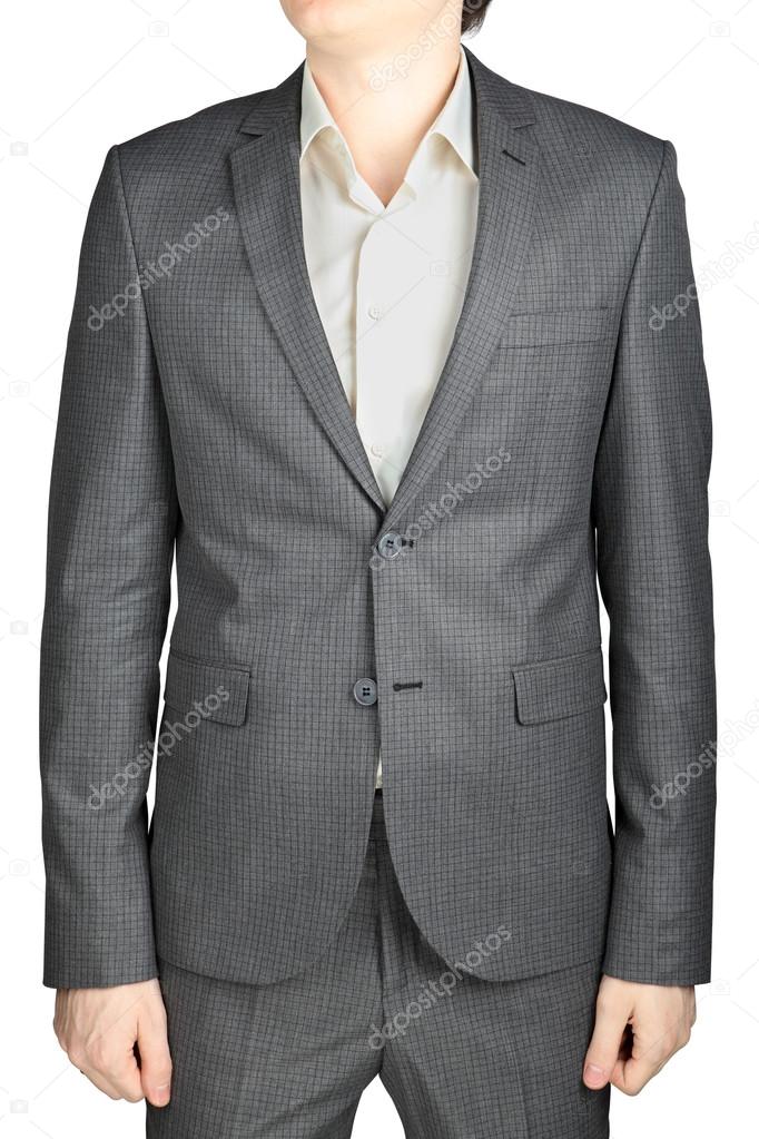 Dinner jacket gray suit, small checkered pattern, isolated over white.