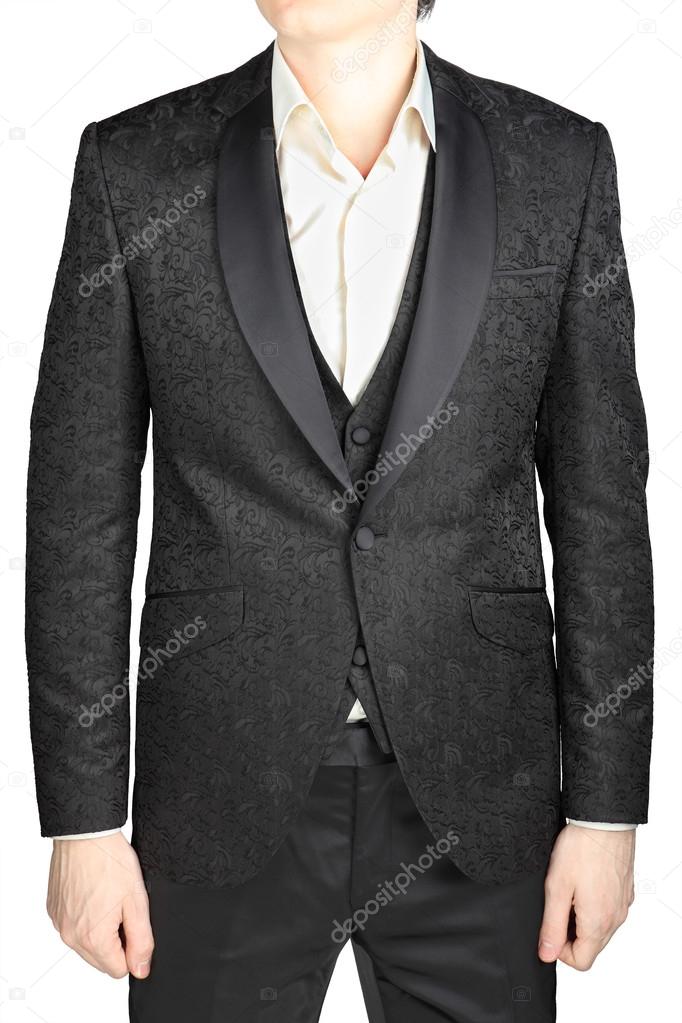 Black patterned wedding bridegroom suit, without tie, isolated over white.