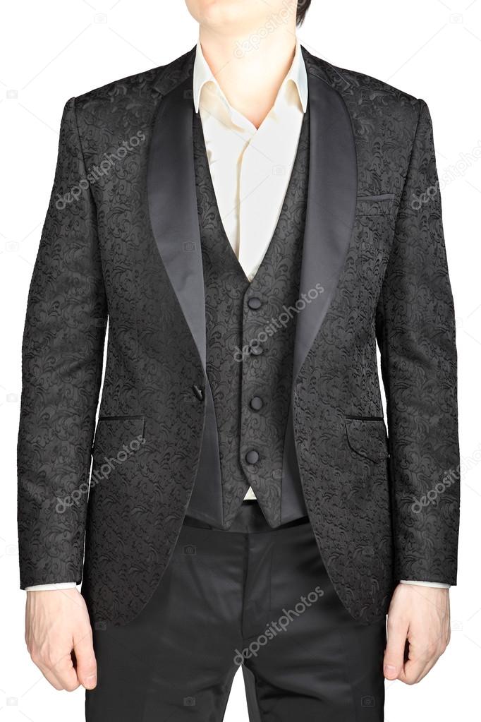 Mens wedding dress black pattern, blazer unfastened,  waistcoat, white shirt, without tie, isolated over white.