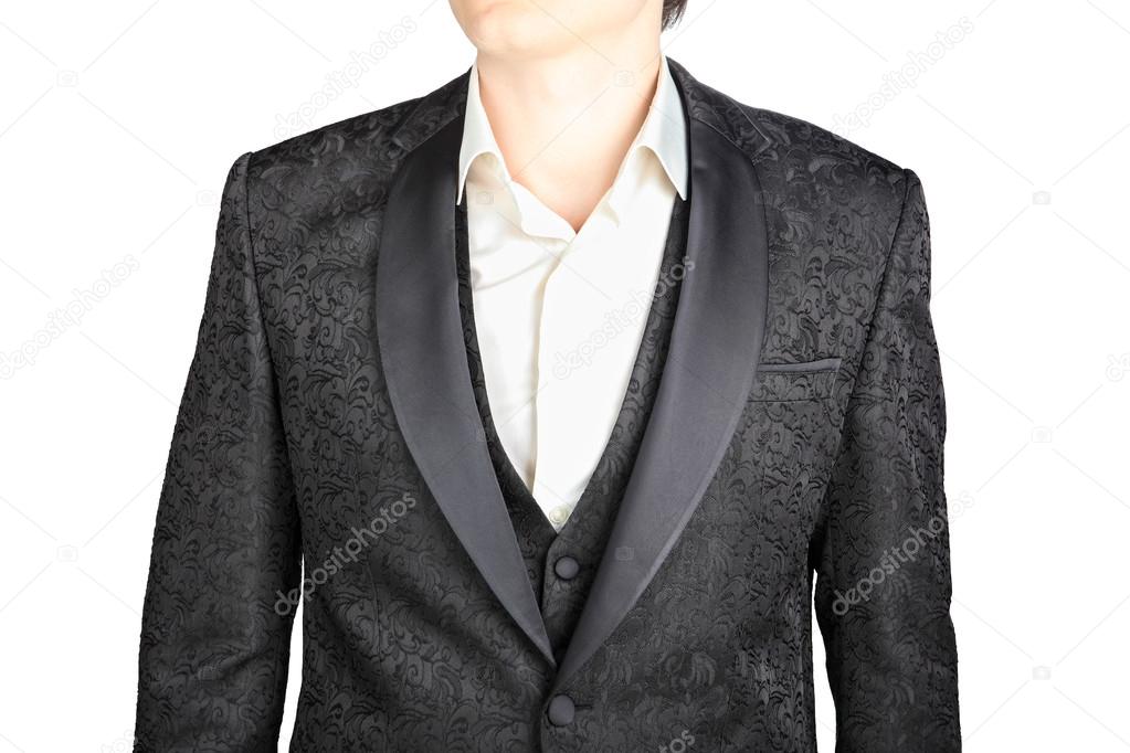 Closeup black pattern wedding suits blazer groom, isolated on on white.