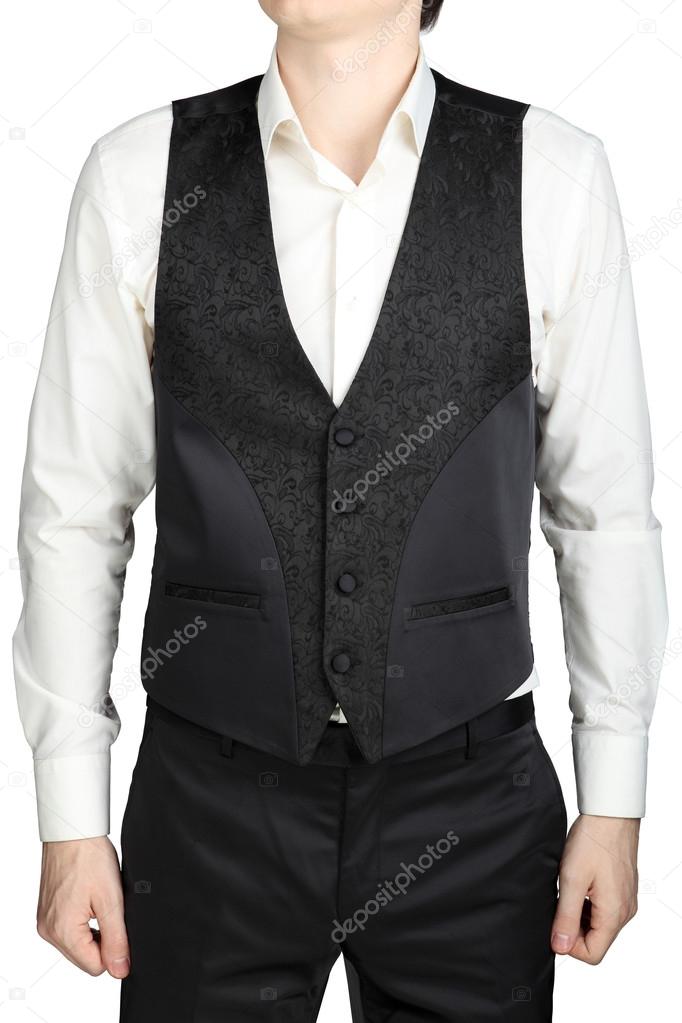 Black patterned vest wedding suit bridegroom isolated on white background.