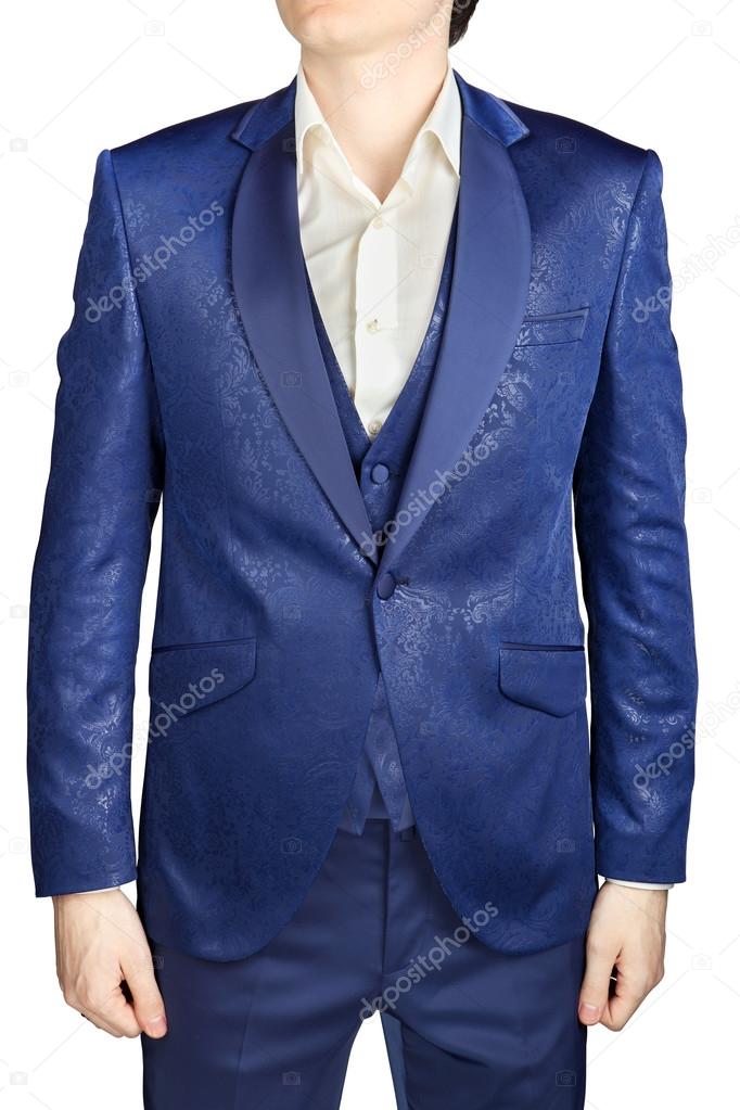 Men wedding suit groom blue patterned, isolated on white