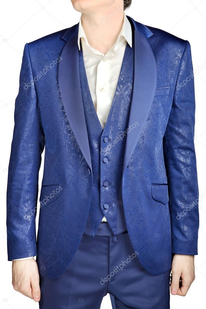 With blue vegetable patterned jacquard, unfastened suit coat wedding groom