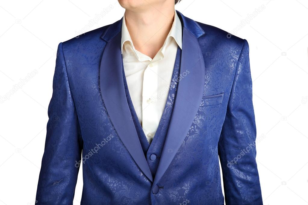 Close-up of suit blazer with blue patterned jacquard fabric