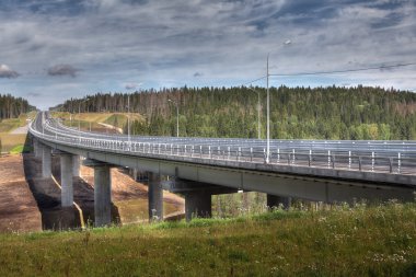 Bridge spans of overpass on  highway in Russian forest. clipart
