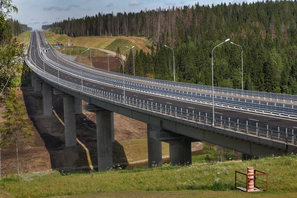 Forest weg en onvoltooide brug regio Leningrad, Priozersk District. — Stockfoto