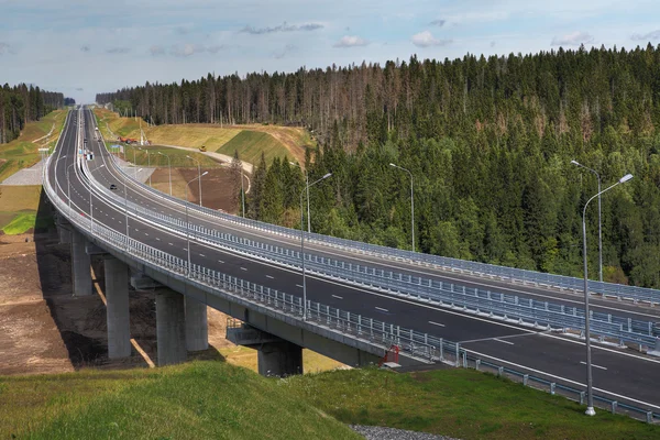 Ocelový most přes řeku lesa, betonové sloupy nosné kovové konstrukce. — Stock fotografie