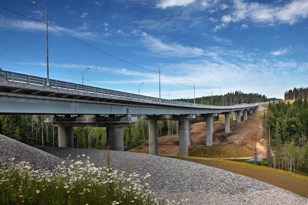 Ponte rodoviária de aço incompleta em suportes de concreto, cruza o fluxo florestal . — Fotografia de Stock