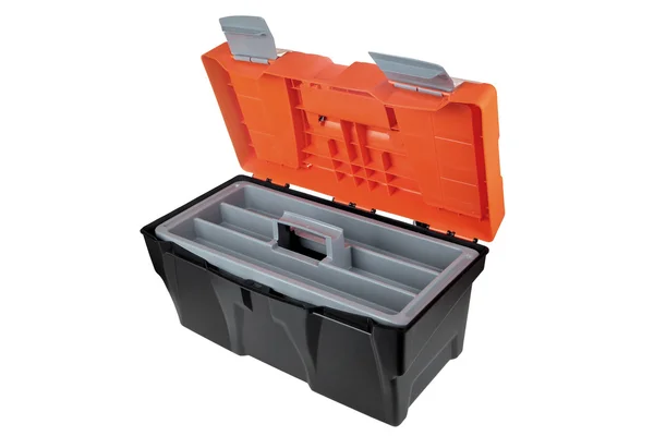Caja de herramientas vacía abierta hecha de material plástico color negro y naranja —  Fotos de Stock
