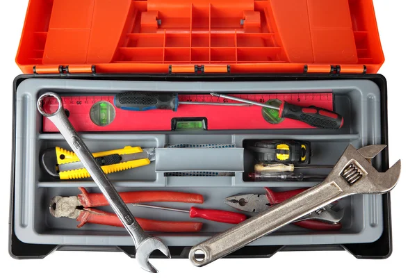 Orange black plastic toolbox with set of old hand tools. — Stock Photo, Image