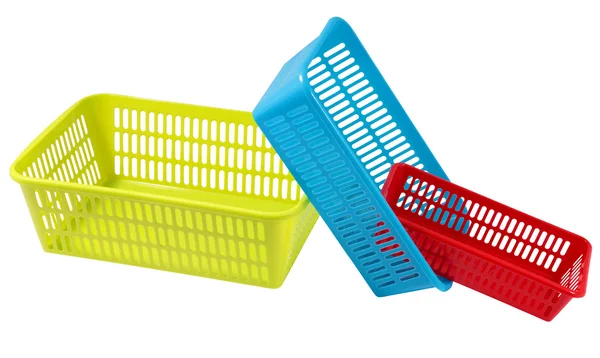 Tre contenitori di plastica colorata per lo stoccaggio domestico — Foto Stock