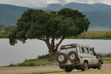 Turistler için eski jeep Park orman göl kenarında, Ngorongoro krateri, Tanzanya.