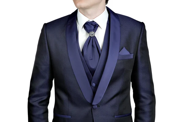 Mężczyźni niebieski ciemny garnitur, wesele lub wieczorem, kamizelka, koszula, plastron. — Zdjęcie stockowe