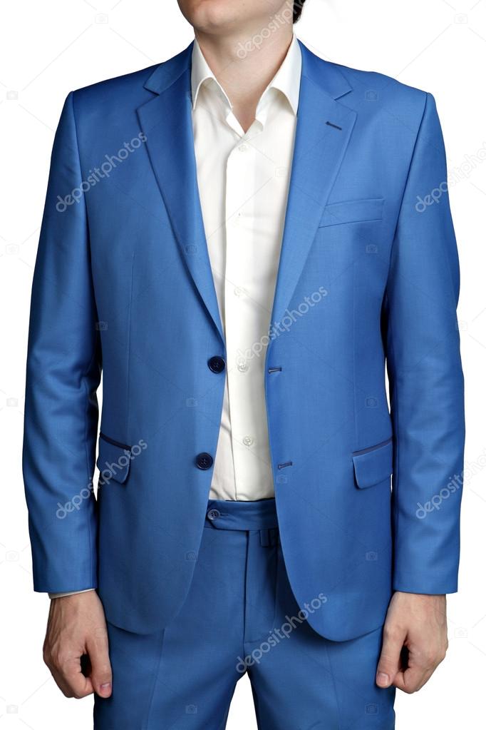 Male light blue wedding suit groom, unbuttoned jacket, two buttons.