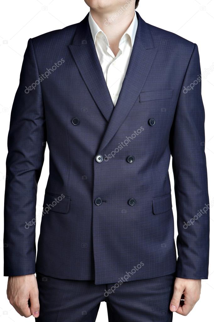Double-breasted mens suit jacket with dark blue small checkered pattern.