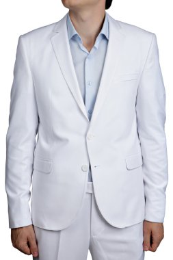Hafif mavi Pastel erkek düğün kostüm, ceket ve pantolon, beyaz bitti izole.