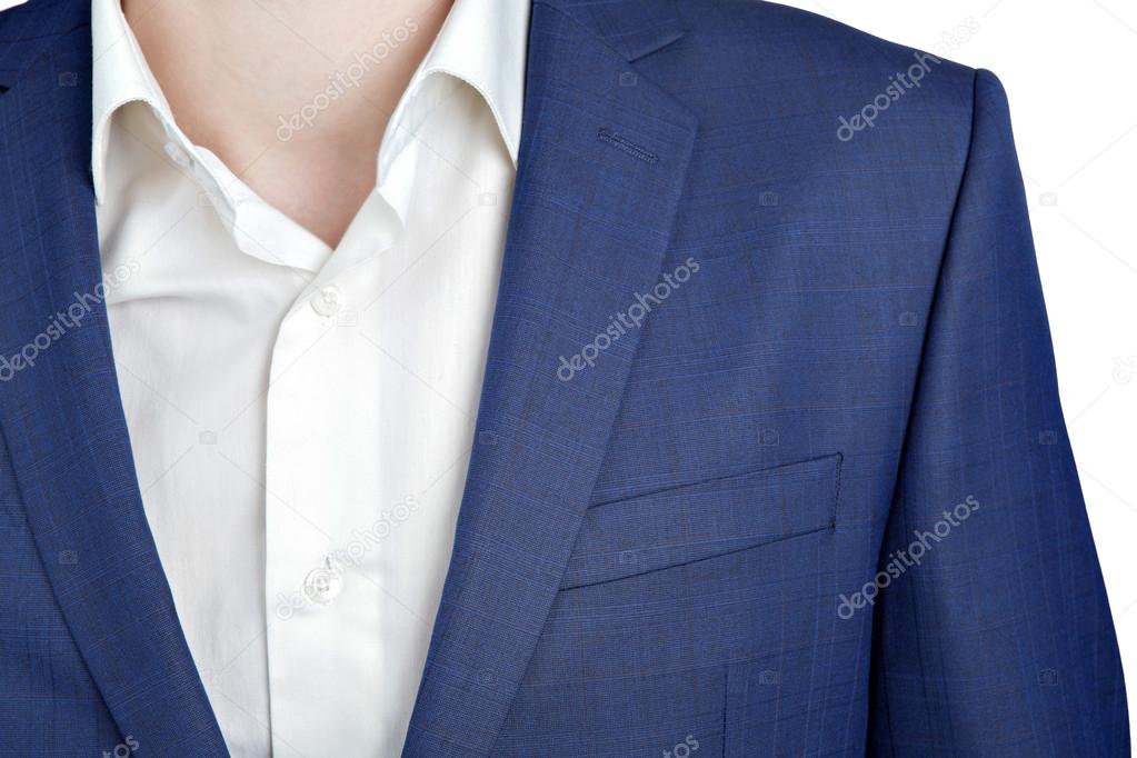 Closeup fragment of suit jacket on prom night for man.
