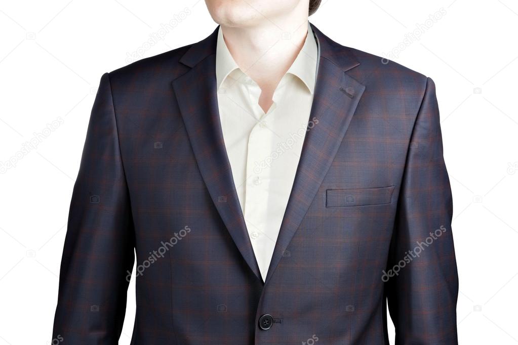 Close-up mens Brown Plaid with Blue Windowpane Suit.