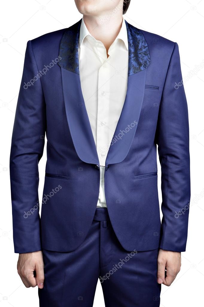 Dark blue prom suit for men, no buttons, clasp closure.