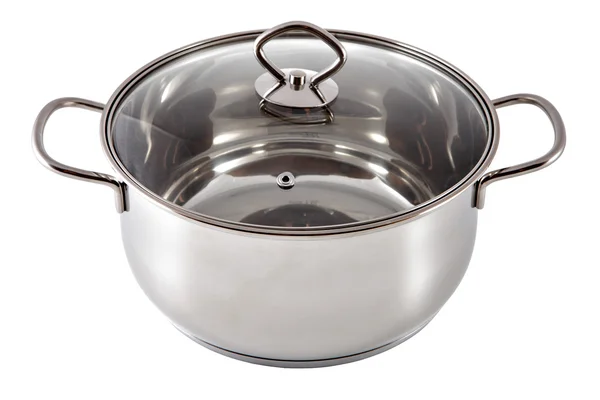 Shining stainless steel soup pan, coated with a lid glass. — Stock Photo, Image