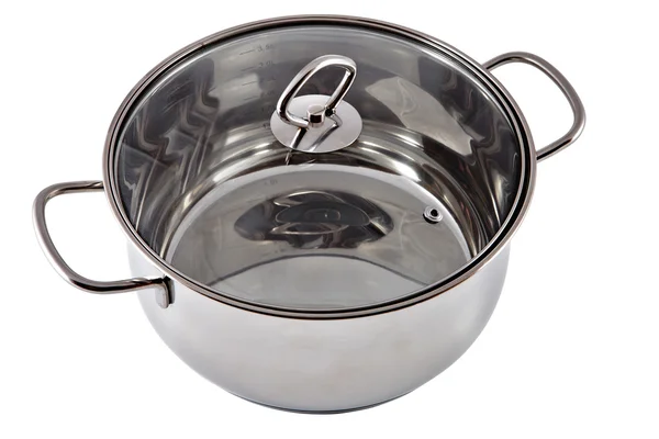 New stainless steel pan with a transparent glass cover. — Stock Photo, Image