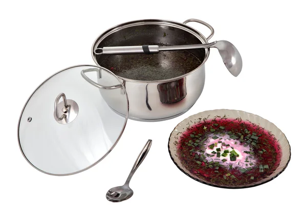 Pan with Russian cold beetroot borscht and bowl of soup. — Stock Image Pan with Russian cold beetroot borscht and bowl of soup. Royalty Free Stock Photos