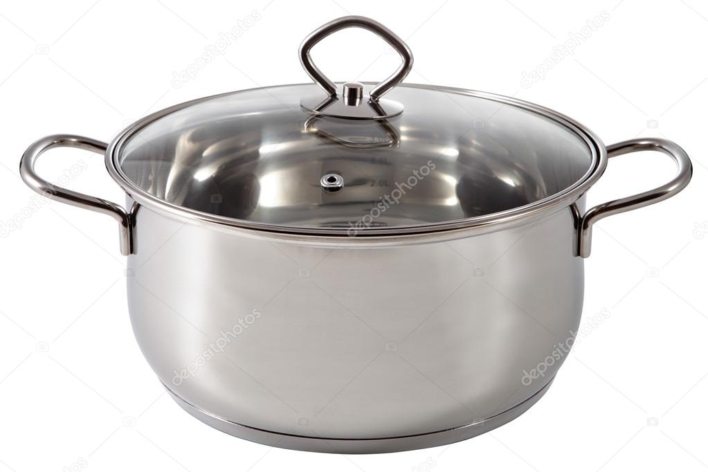 Shiny stainless steel soup pot, covered a lid transparent glass