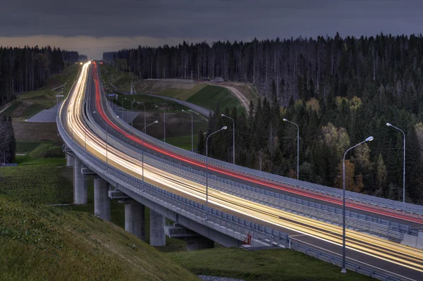 Light trails on four lane highway, crosses the night forest. — Stock Photo, Image