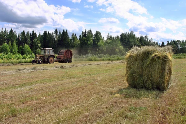 Do zbioru siana, świeżych hayrick okrągły, rolnik traktor nad hayfield. — Zdjęcie stockowe