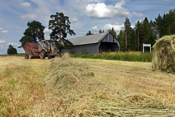 Russian farmland, while hay, tractor round baler works in hayfield — Stock Photo, Image